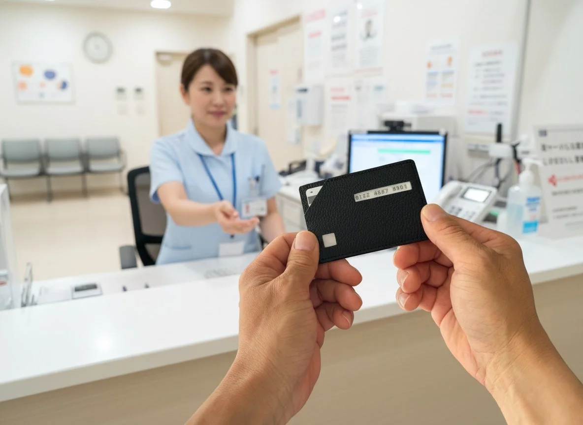 病院の受付カウンターで、患者が手に持ったカードを差し出し、笑顔の看護師または受付スタッフがそれを受け取ろうとしている様子