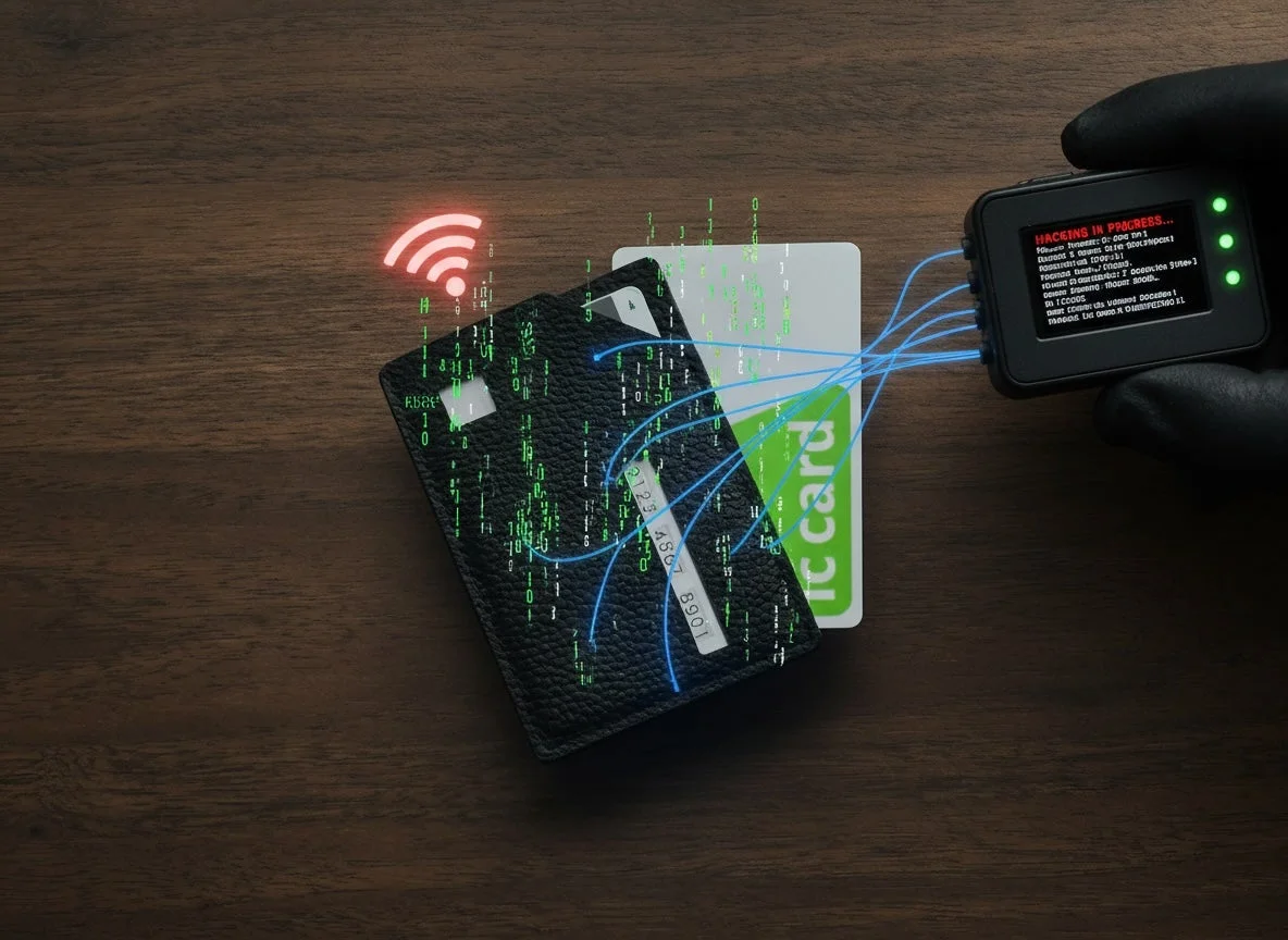 黒い手袋をはめた手が、ICカードと財布に接続されたデバイスを持ち、「HACKING IN PROGRESS...」と表示されている